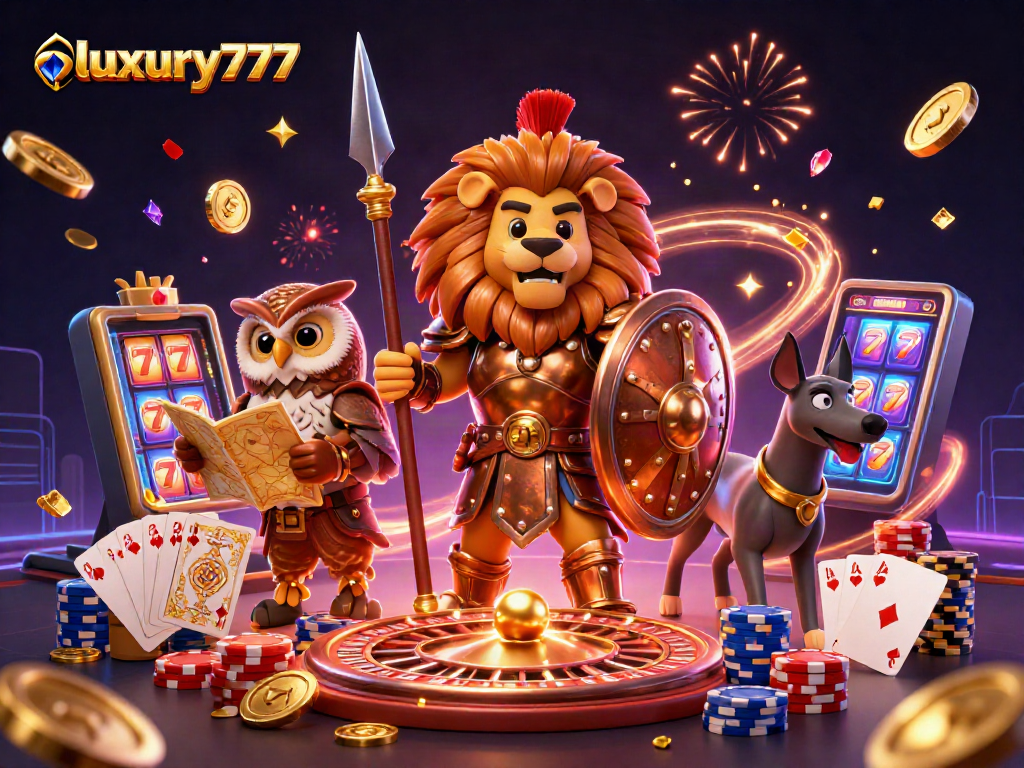 Slot yang menampilkan luxury777 dengan koin emas melimpah dan karakter menarik di kasino.