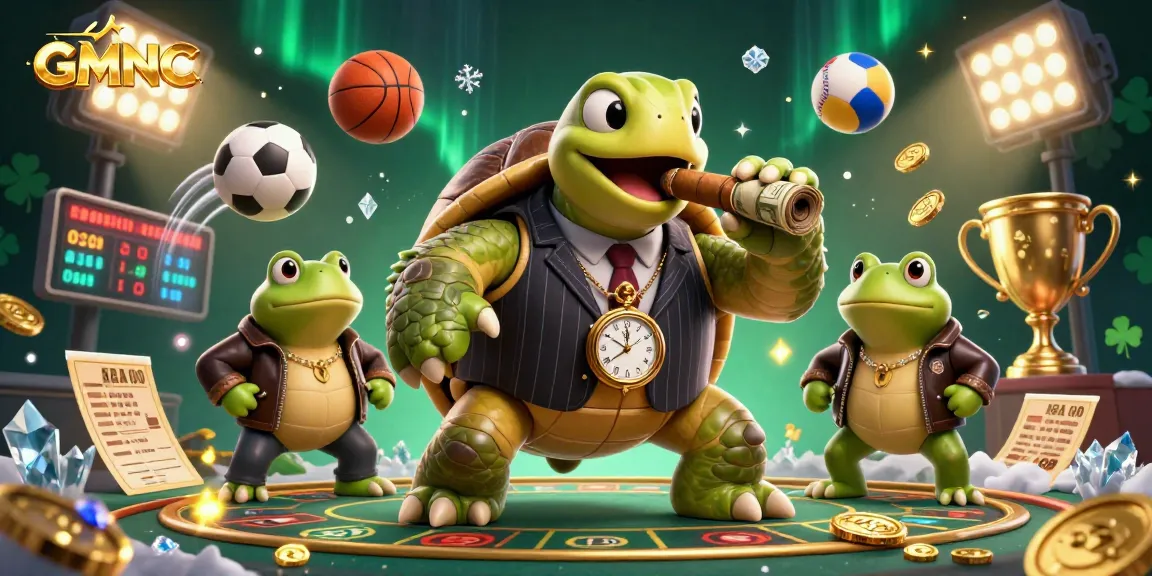 Experience GMNC with a vibrant 3D cartoon scene of a mobster turtle and bullfrog enforcers amid sports betting chaos.