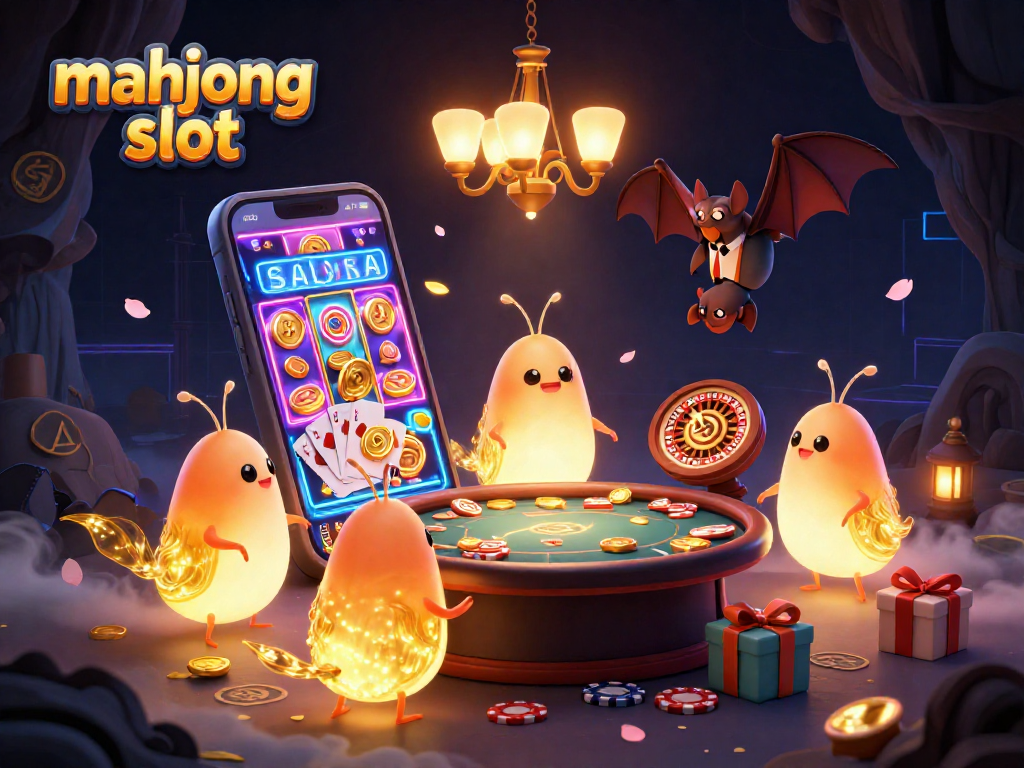 Play mahjong slot with colorful 3D glowworms illuminating an engaging cave casino atmosphere.