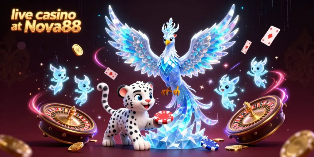Engage with live casino at Nova88 featuring an ice phoenix, snow leopard, and vibrant casino elements.