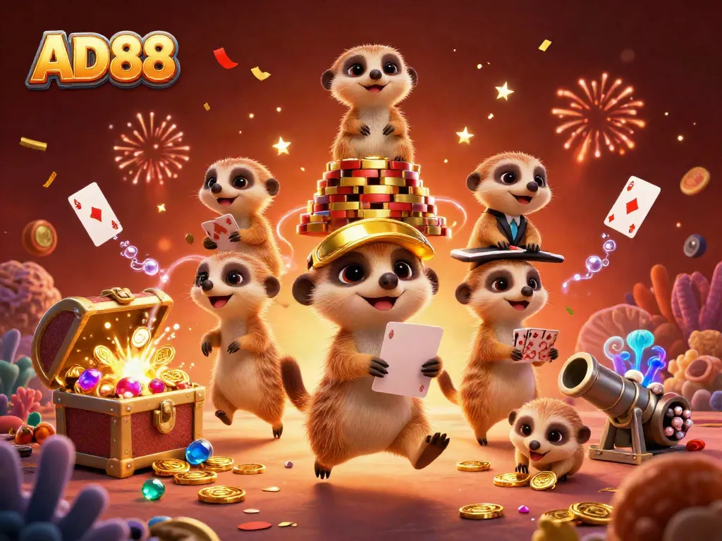 Engage with AD88's vibrant casino scene featuring a colony of meerkats in action amidst dynamic game elements.
