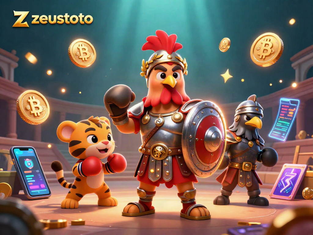 Experience zeustoto casino excitement with the 3D rooster gladiator amid slot reels and crypto coins.