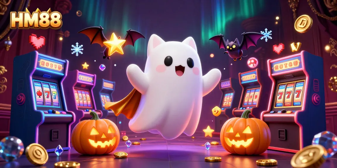 Engage with HM88's thrilling casino atmosphere featuring a ghostly cat, bat companion, and vibrant slot games.