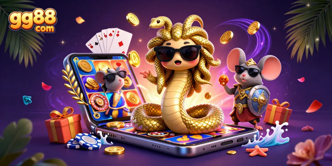 Experience thrilling slots at gg88 com with Medusa and a warrior mouse in a vibrant casino scene.