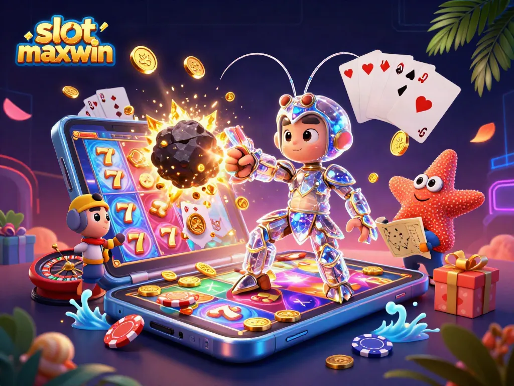 Experience the excitement with slot maxwin in this vibrant 3D casino-themed illustration featuring dynamic game elements.