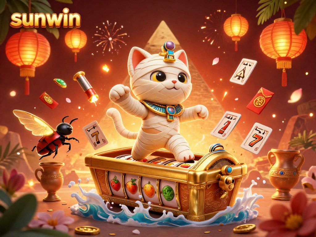 Experience excitement at sunwin casino with mummy and scarab amid vibrant slot reels and glowing elements.