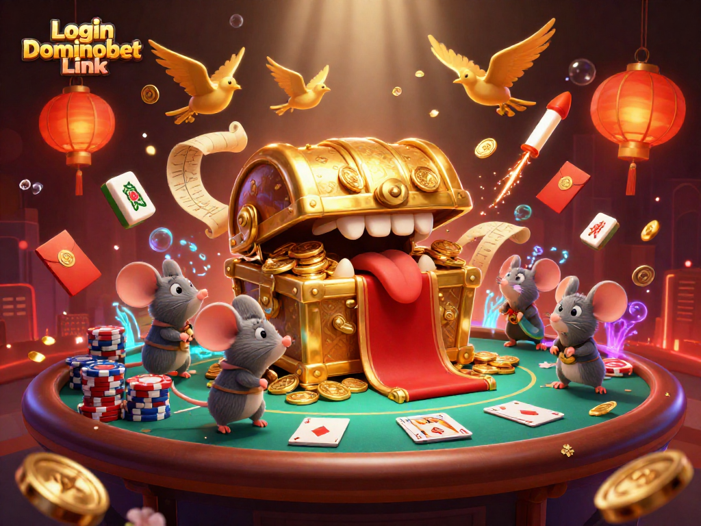Engage with the Login Dominobet Link in a vibrant 3D poker scene showcasing adventure and riches.