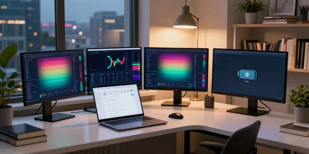 ดูผลหวยวันนี้ในห้องทำงานการค้า cryptocurrency ที่ทันสมัย พร้อมด้วยกราฟและข้อมูล NFT
