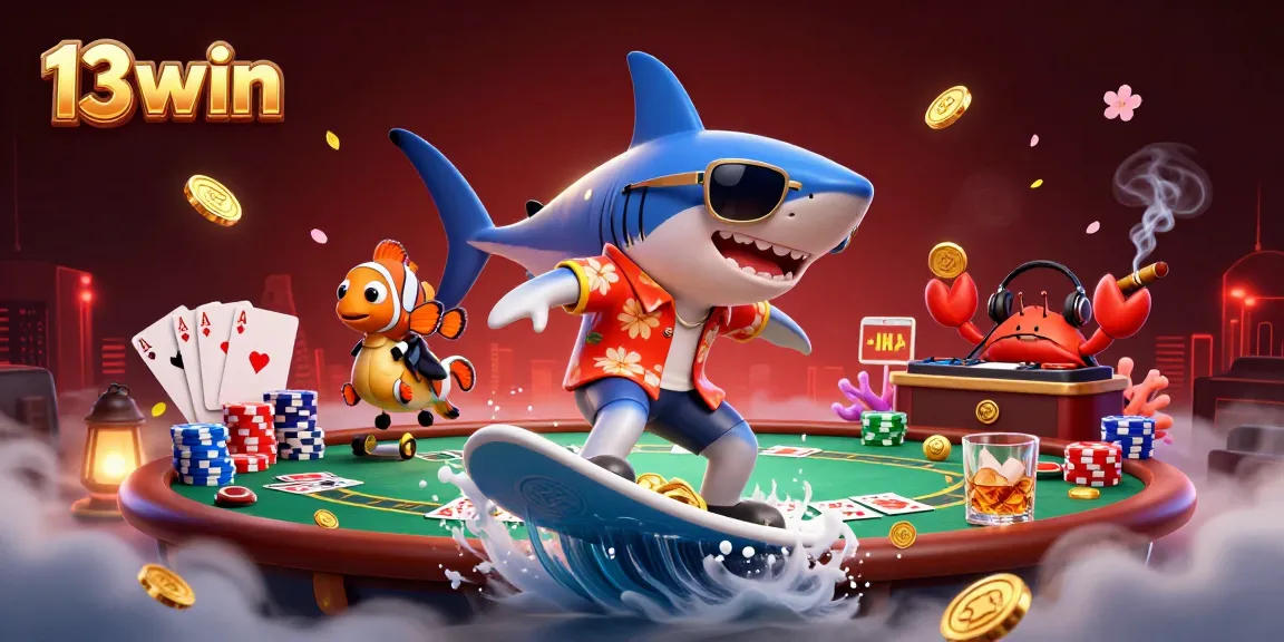 Experience thrilling gaming at 13win with vibrant characters amidst a poker scene, showcasing action-packed elements.
