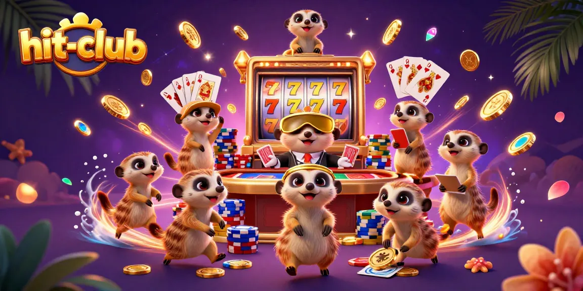 Hit-club meerkats managing a vibrant casino with lively games and colorful chips