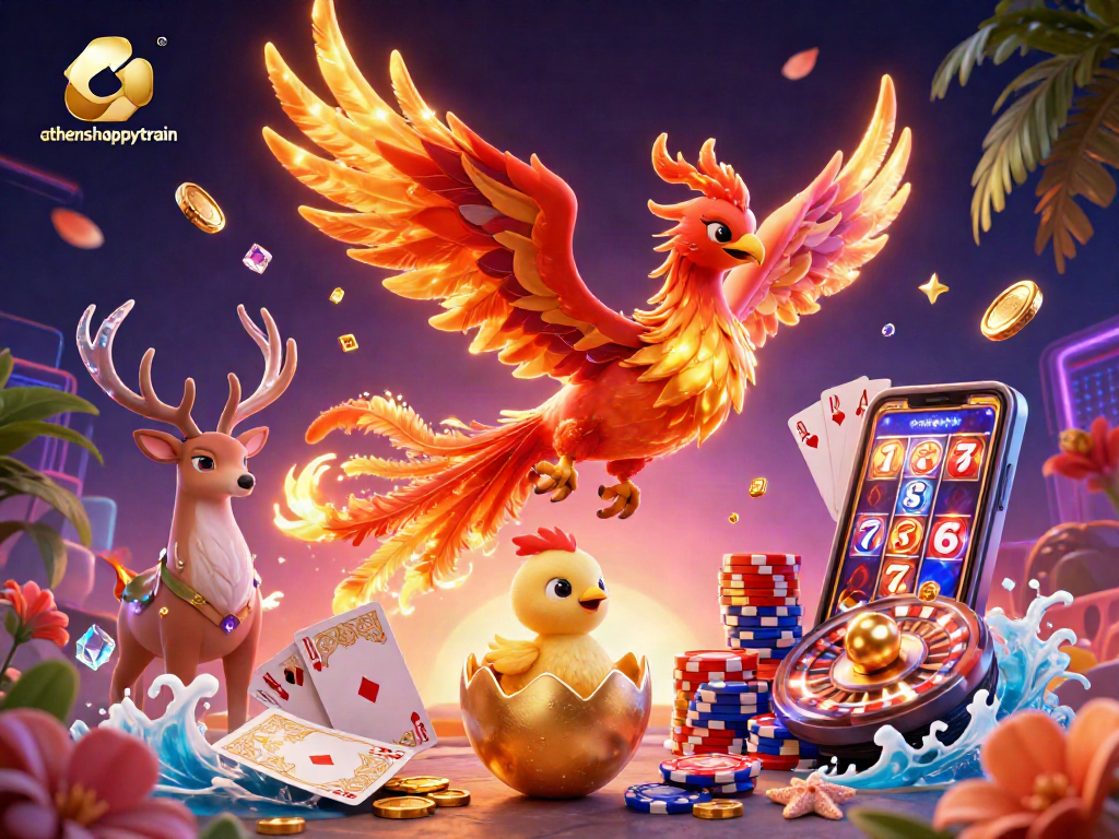 Experience the vibrant world of athenshappytrain, featuring dynamic casino elements like spinning roulette and golden coins.