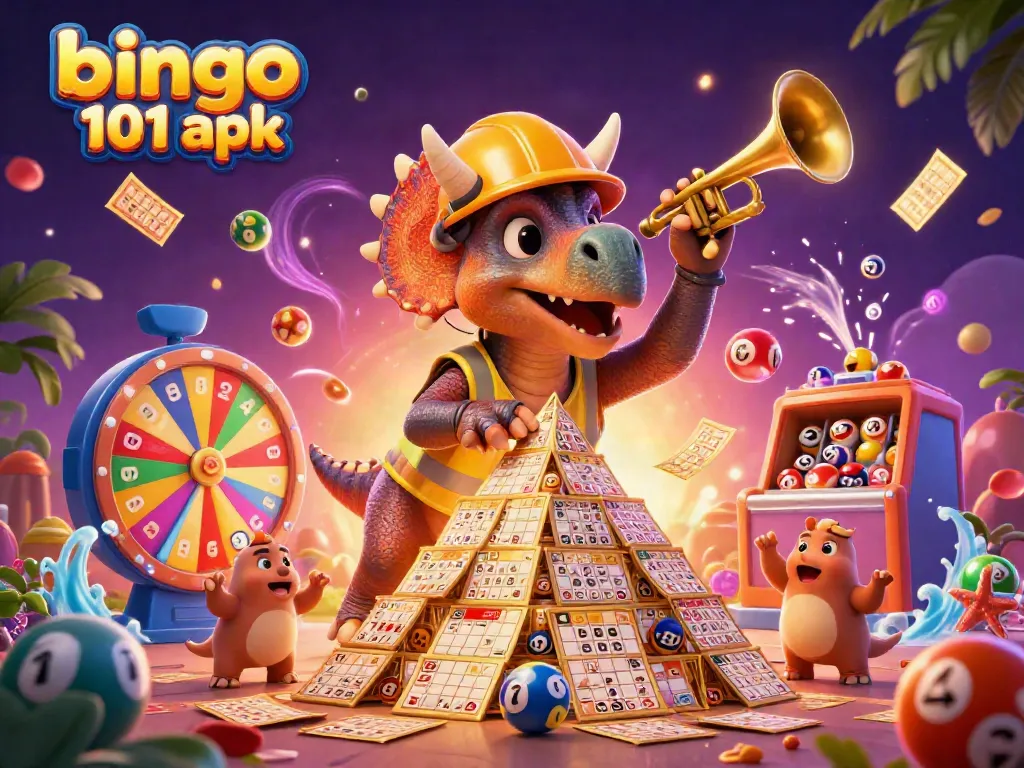 Bermain bingo 101 apk sambil merayakan kemenangan dengan kartu bingo dan bola lotere yang berwarna-warni.
