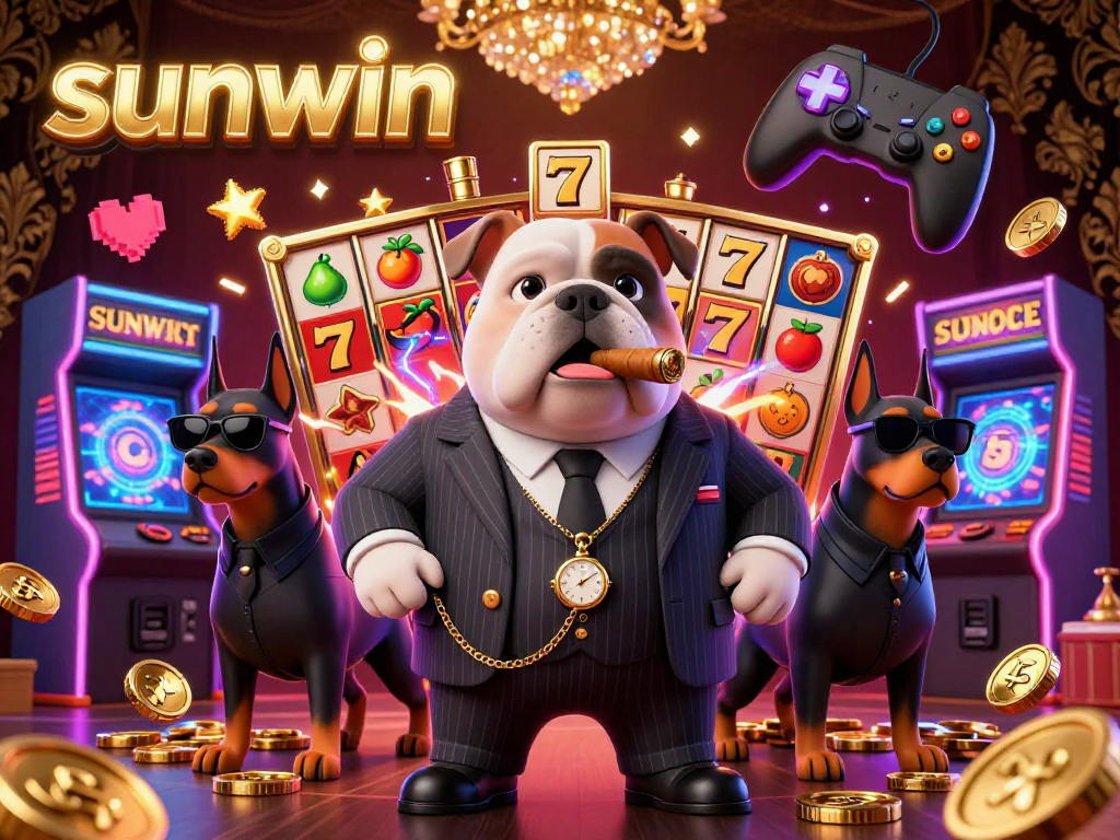Engage with sunwin in a vibrant casino scene featuring a mafia bulldog and Doberman guards amidst slot reels.