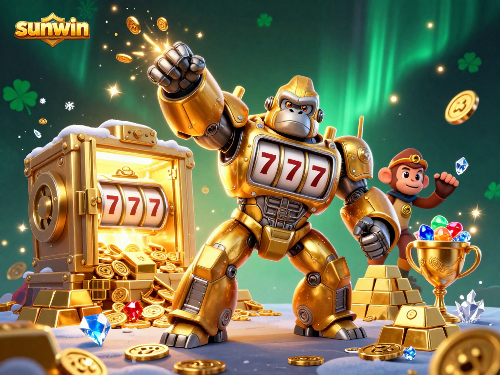 Engage with sunwin's vibrant 3D casino illustration showcasing a transformer-style golden gorilla mech amidst rich gaming elements.