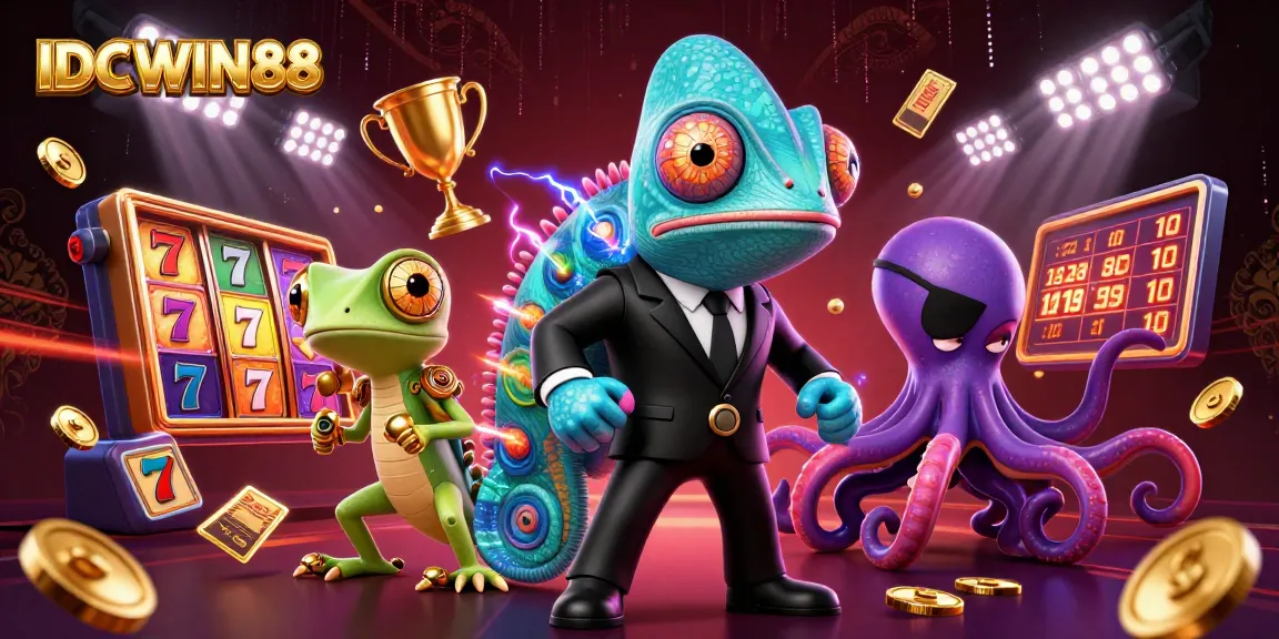 Experience thrilling gaming with IDCWIN88's vibrant cartoon illustration, featuring popular slot elements.