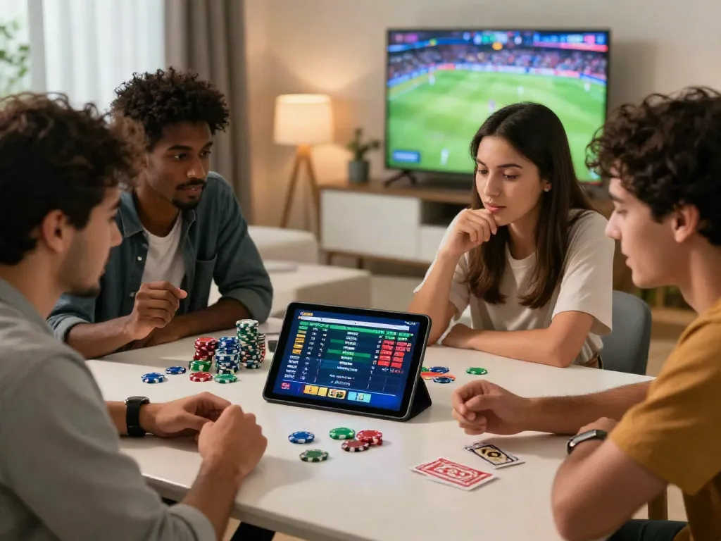 Engaging lotus365 live betting scene with friends enjoying cricket and football bets in a modern atmosphere.