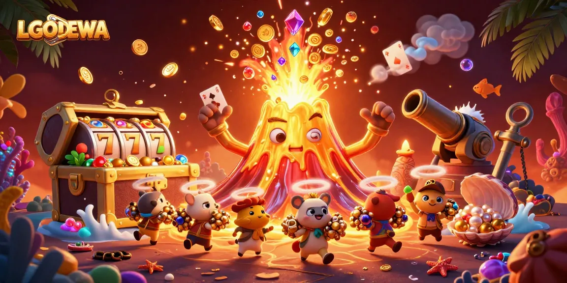 Experience thrilling gameplay at LGODEWA with a vibrant illustration showcasing slot games and treasures.