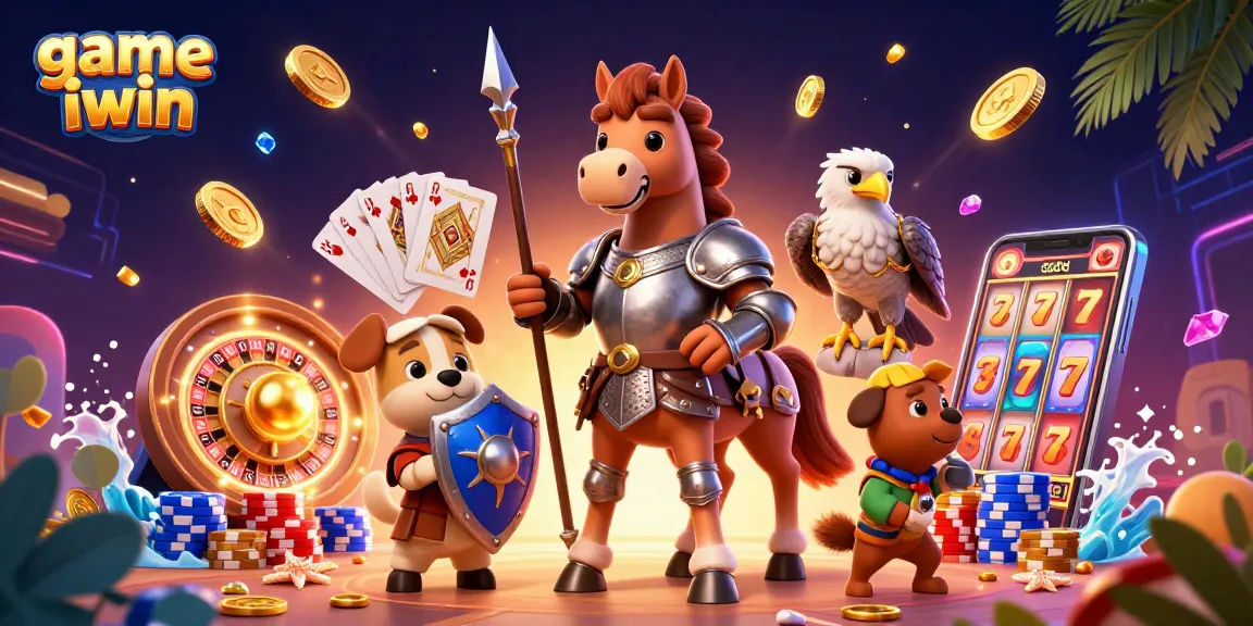 Play game iwin with a knight, puppy, and falcon amidst vibrant casino elements.