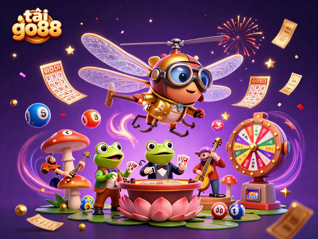 Exciting scene promoting tải go88 with a dragonfly pilot and a frog croupier in a vibrant casino atmosphere.