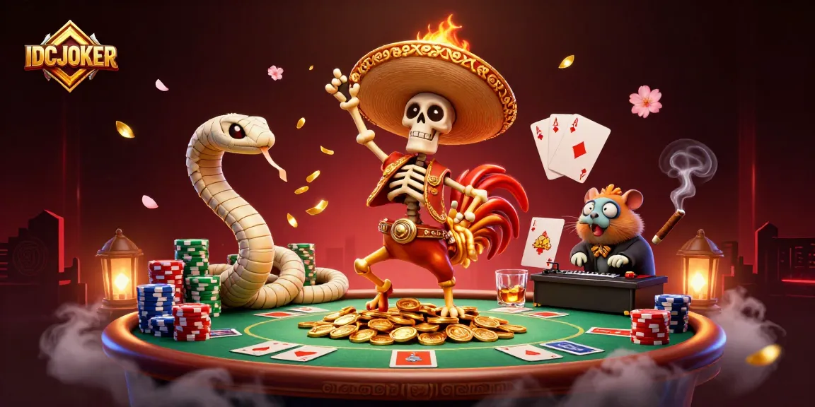IDCJOKER showcases an exciting casino party with a victorious rooster, mummy snake, and DJ hamster in a vibrant scene.