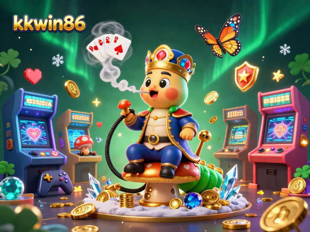 Engage with kkwin86's vibrant casino scene featuring a caterpillar hookah-master surrounded by gaming elements.