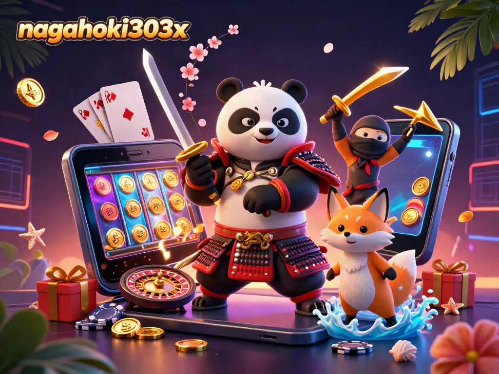 Nagahoki303x, ilustrasi kasino 3D dengan panda samurai, rubah ninja dan tanuki, menampilkan elemen permainan.