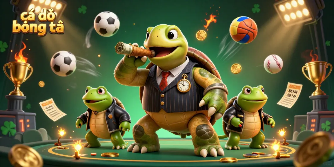 Cá độ bóng đá: A vibrant 3D scene showcasing a snapping turtle mobster with sports balls and lighting effects.