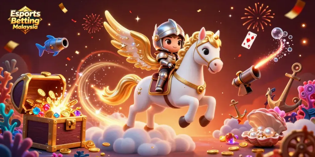 Engage in Esports Betting Malaysia with a vibrant, dynamic gaming scene filled with celestial characters and treasure.