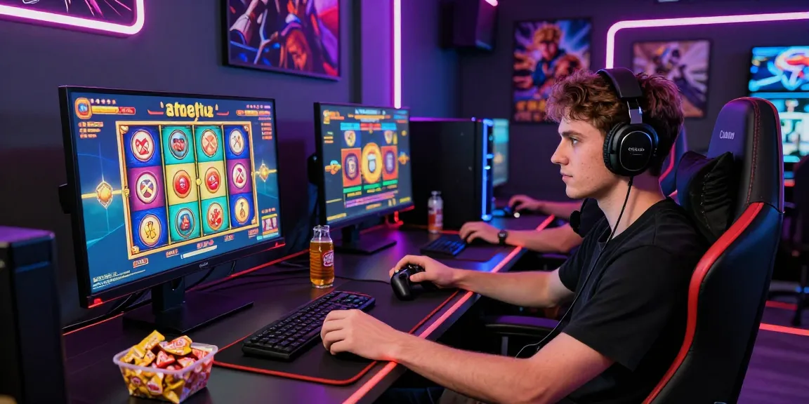 Engaging scene featuring a user immersed in an exciting apk slot game on multiple screens in a dynamic gaming setup.