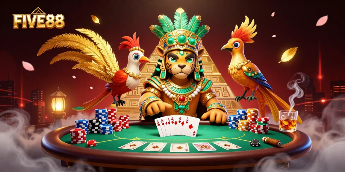 Experience immersive gameplay with FIVE88 and a vibrant poker scene featuring colorful characters.