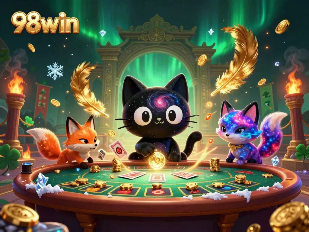Experience thrilling gameplay at 98win with a cosmic casino scene, featuring vibrant characters and casino elements.