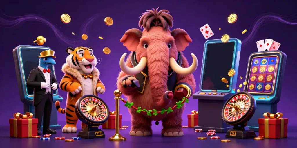 Experience the vibrant action at a safe online casino Australia, featuring playful characters and casino elements in a dynamic scene.
