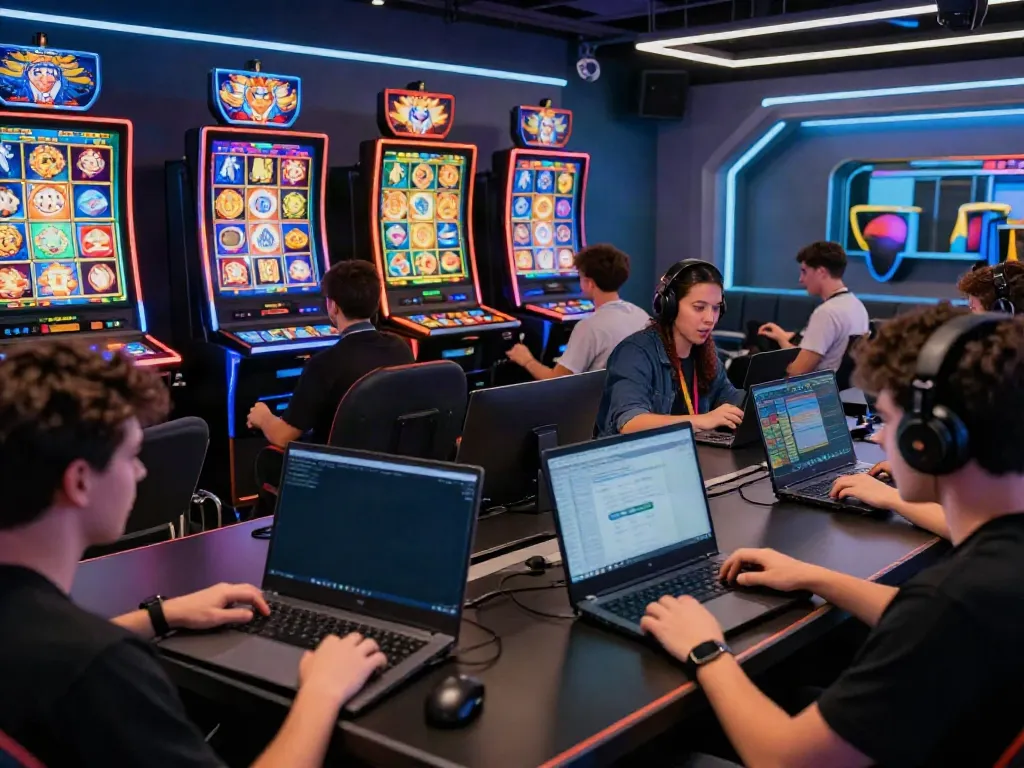 Players enjoying slot online games in a modern gaming lounge.