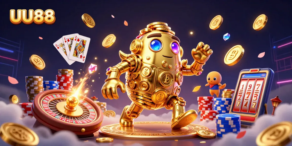 Experience thrilling wins at UU88 with golden golem surrounded by slots, roulette, and vibrant casino elements.