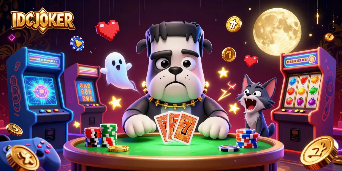 Engage with IDCJOKER as a Frankenstein bulldog deals cards at a vibrant casino scene.