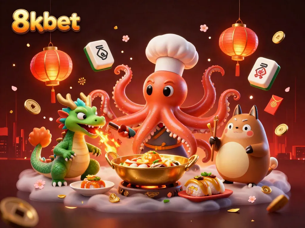 Join the thrill of 8kbet's exciting games showcased by a vibrant octopus chef, dragon, and tanuki characters.