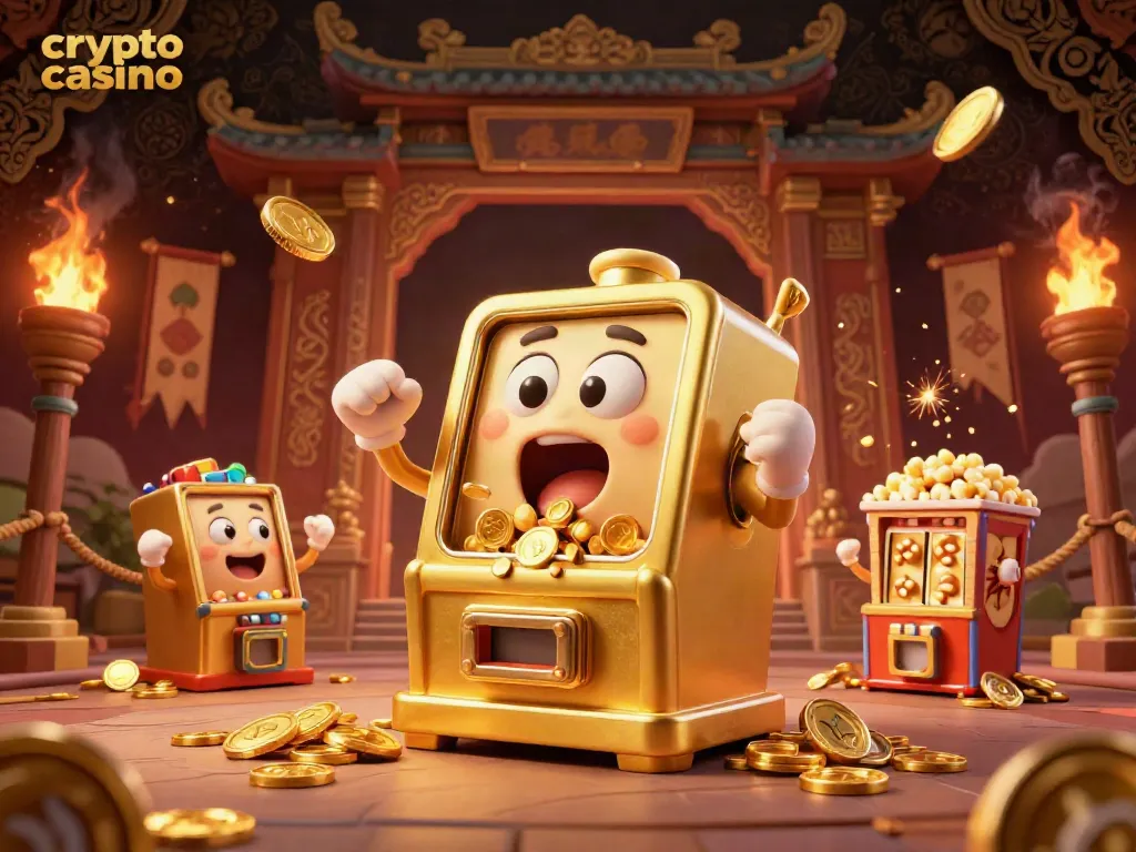 Experience the excitement of a crypto casino with animated slot machines winning jackpots in a vibrant scene.