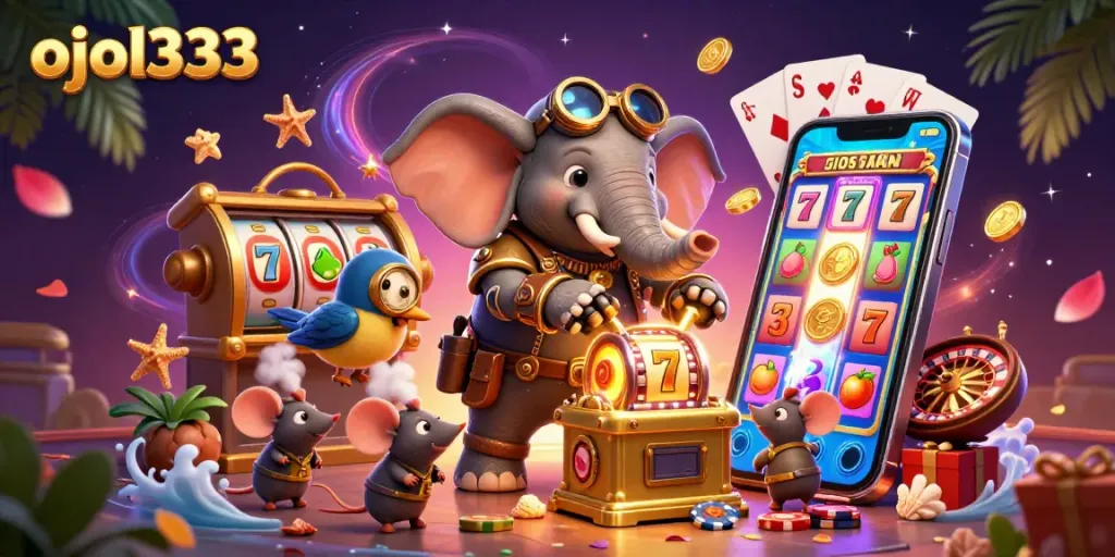 Engage in exciting gameplay with ojol333 as animated characters interact with vibrant casino elements.