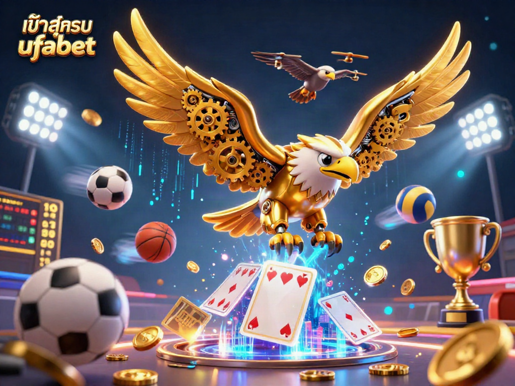Engage with เข้าสู่ระบบ ufabet through a dynamic 3D illustration of a golden eagle diving among sports elements and holographic playing cards.