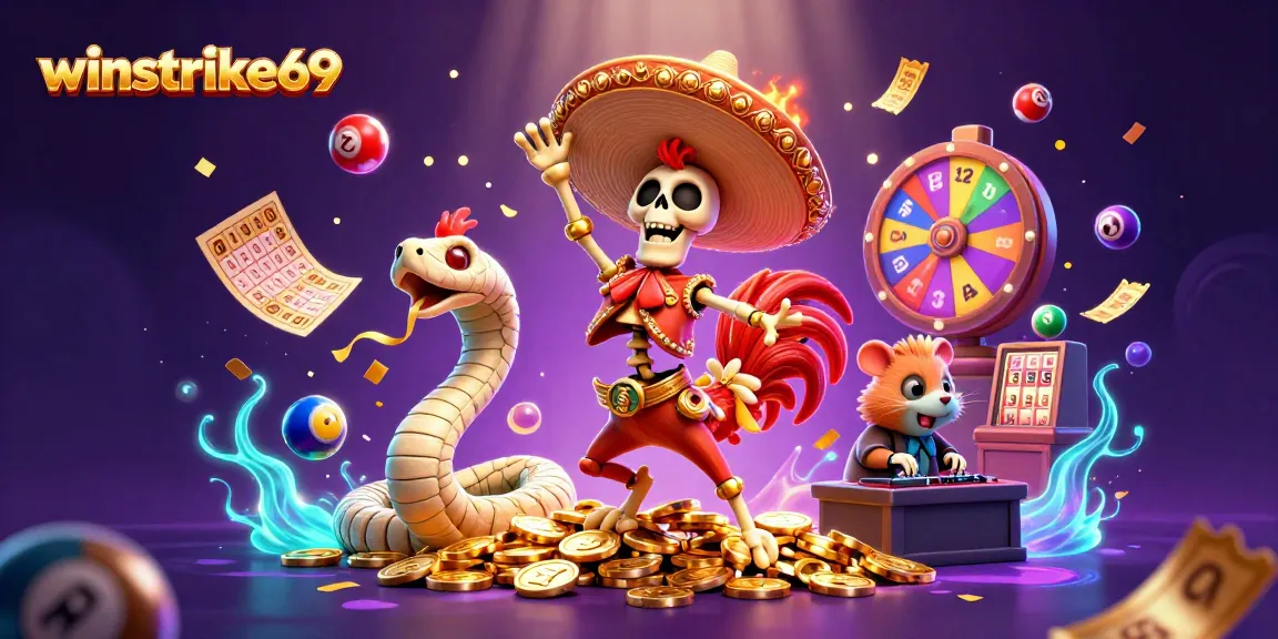 Winstrike69 showcases a vibrant casino scene with animated characters and thrilling lottery elements.