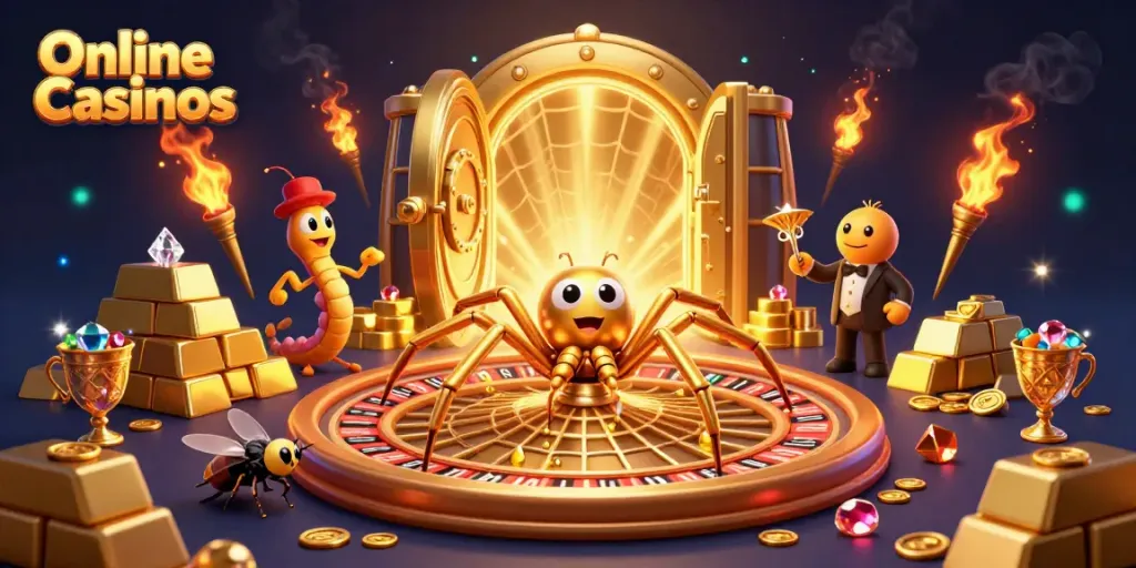 Online Casinos showcasing a golden spider spinning a roulette wheel with vibrant gems and treasure around.