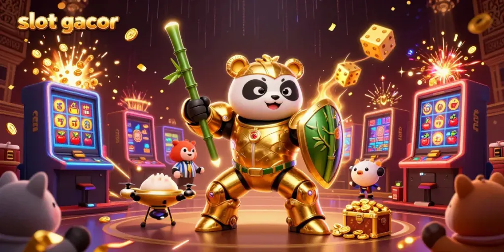 Visualisasi slot gacor dengan panda robotik berperang melawan mesin slot, memberikan pengalaman bermain yang menarik.
