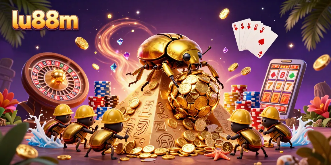 Experience winning thrills with lu88m, as cartoon beetles tackle golden treasures in this vibrant casino illustration.