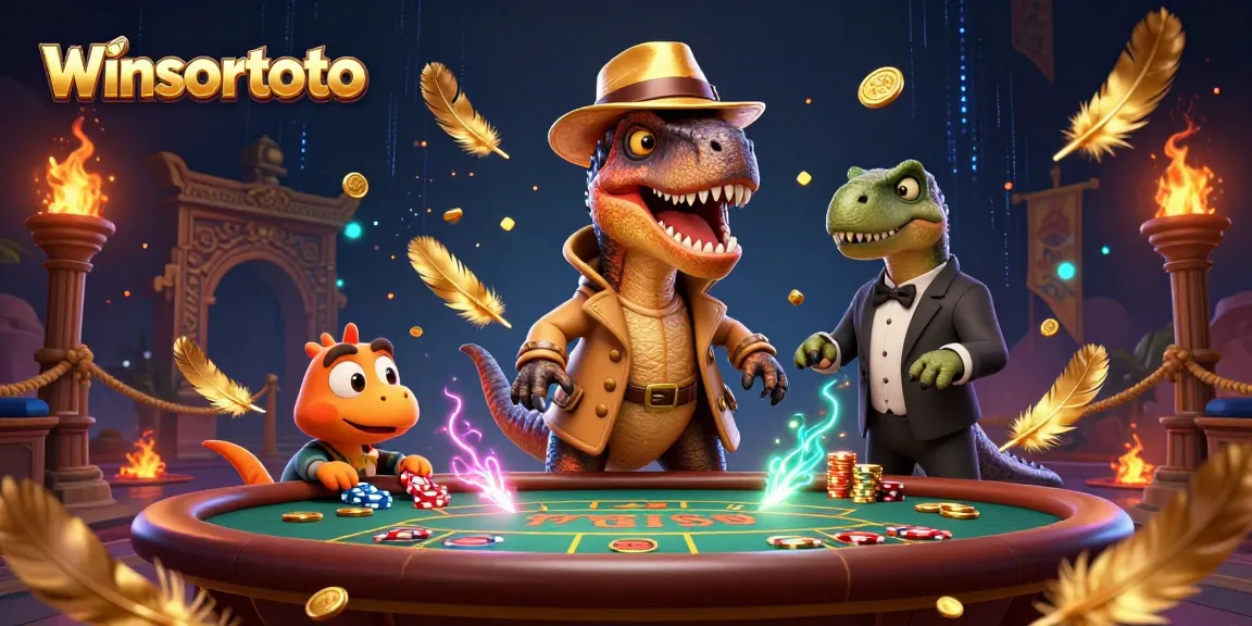 Winsortoto features a velociraptor card counter at a blackjack table amidst captivating casino elements.