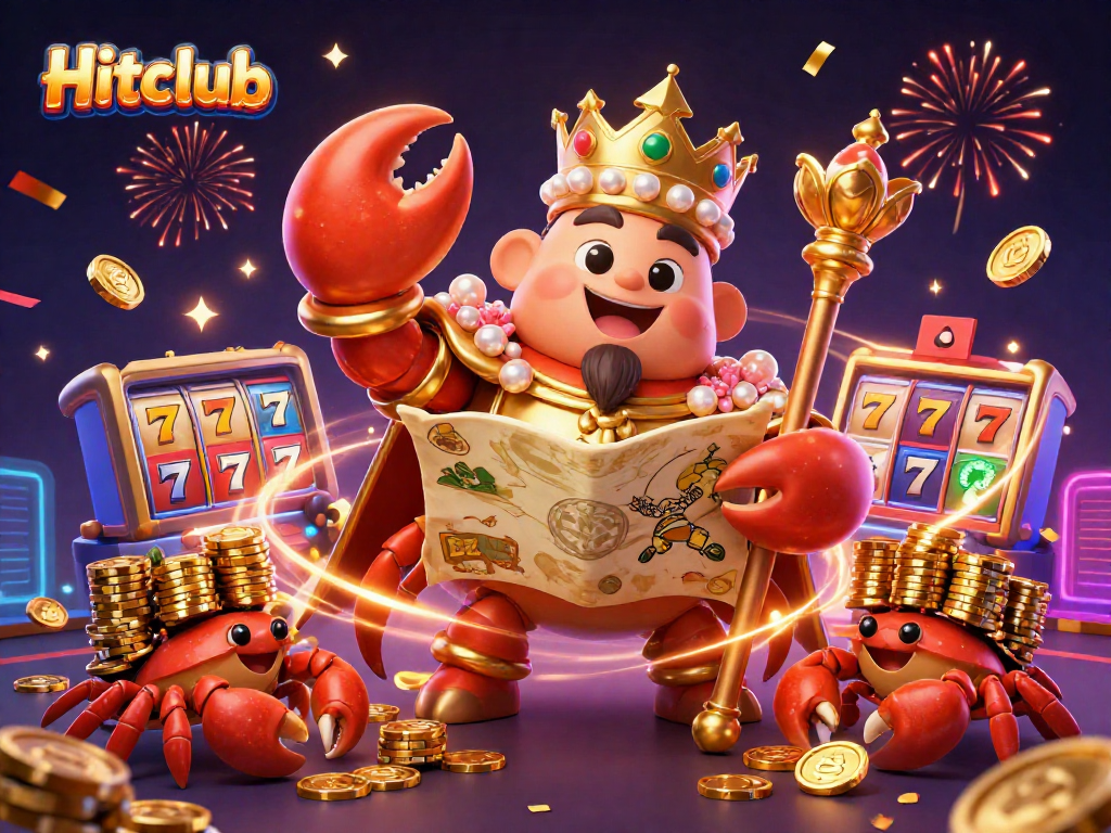 Hitclub engages players with vibrant slot games and golden rewards in a dynamic casino scene.