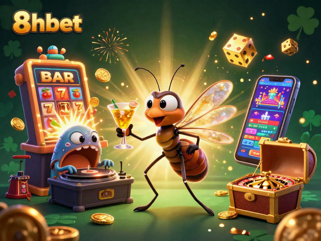 Experience the thrill of 8xbet with a vibrant casino scene featuring unique characters and winning elements.