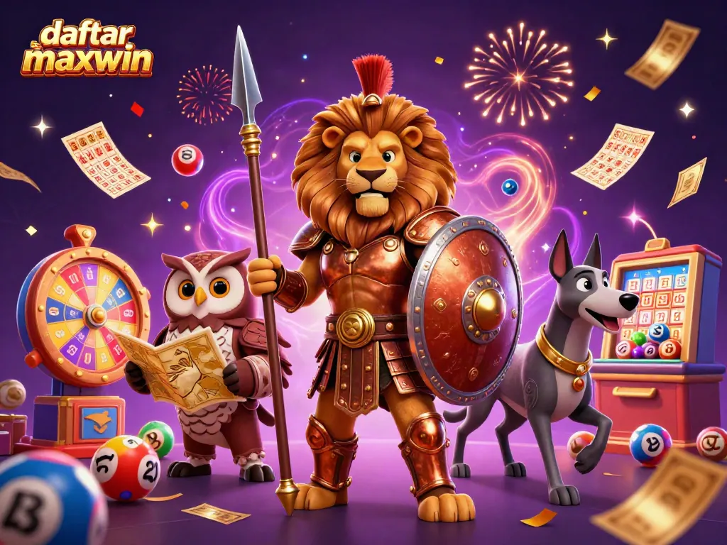 Gambarkan daftar slot maxwin dengan karakter Spartan, burung hantu strategis, dan greyhound di lingkungan kasino yang meriah.