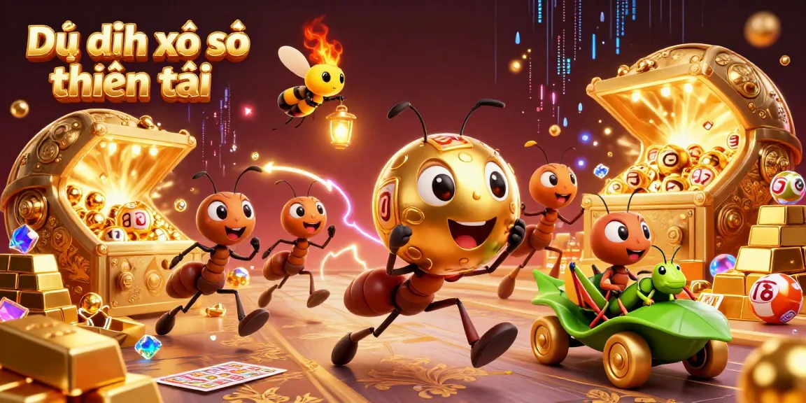Dự đoán xổ số thần tài showcases a vibrant 3D illustration with ants running a heist carrying a giant lottery ball, surrounded by gold treasures.