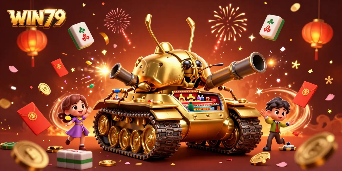 WIN79's massive golden beetle tank reveals a miniature casino, celebrated with confetti and festive decor.