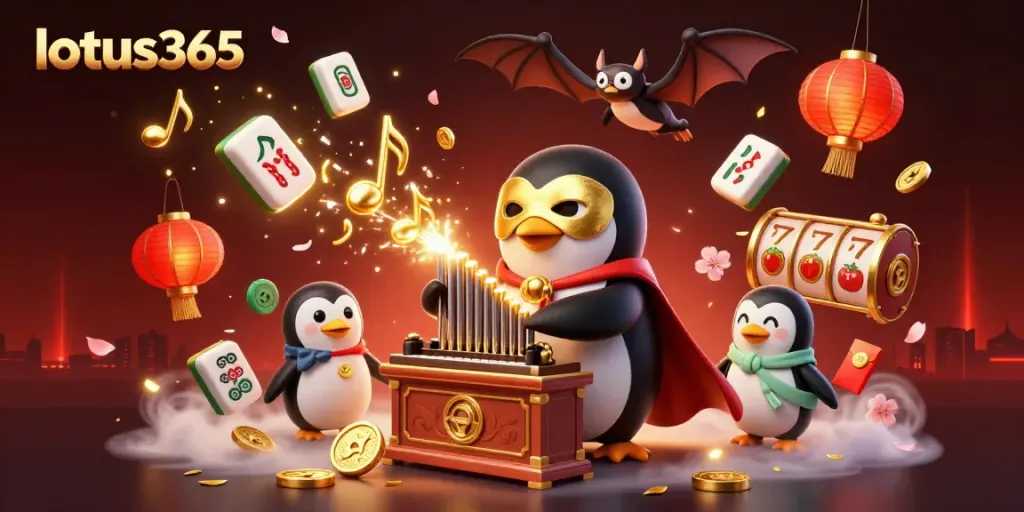 Experience thrilling gameplay with lotus365 as a penguin organist shoots golden coins in a vibrant casino scene.
